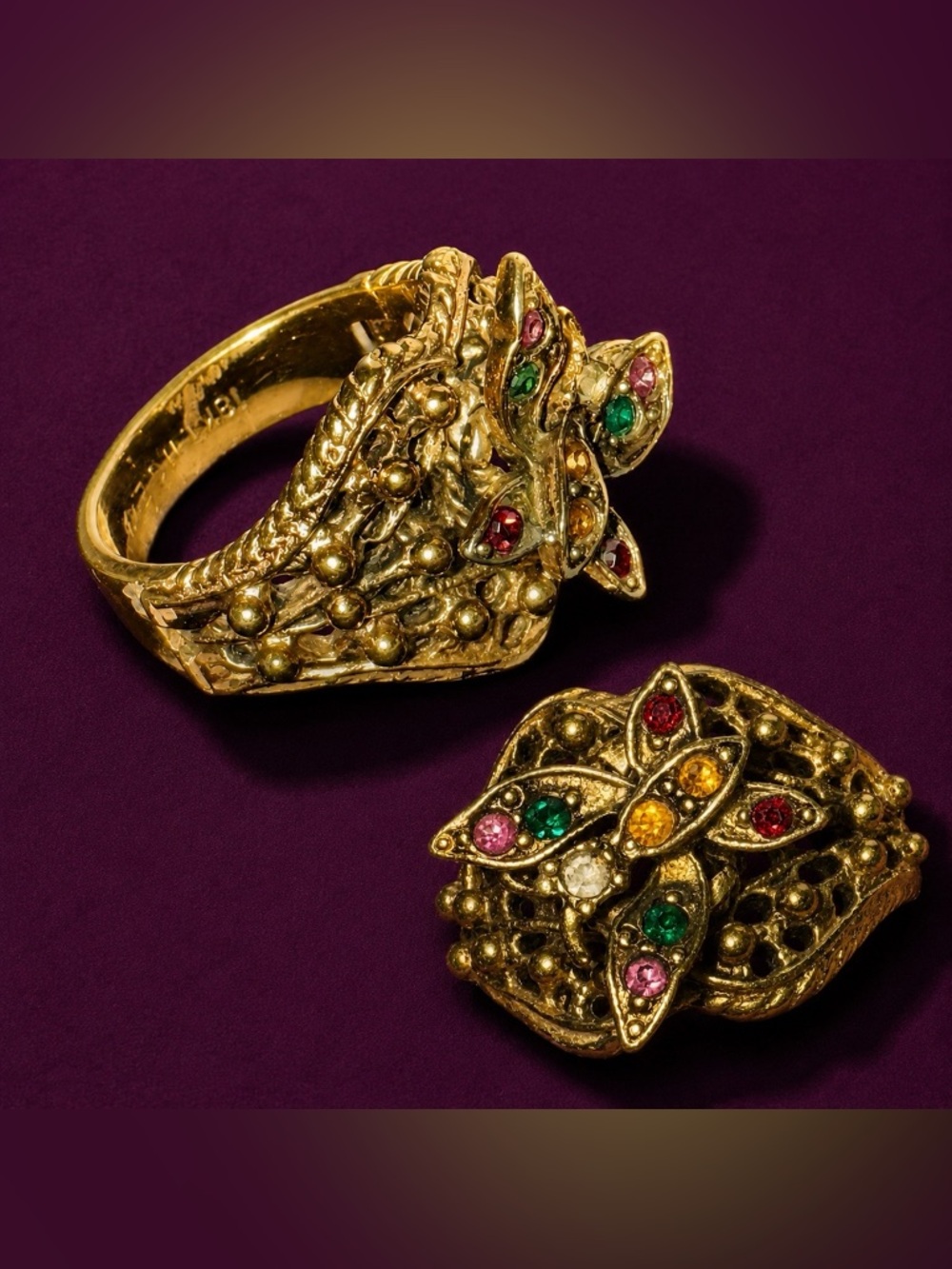 Vintage Signed 18K HGE Butterfly Cocktail Ring Gold Tone Multicolor Rhinestones